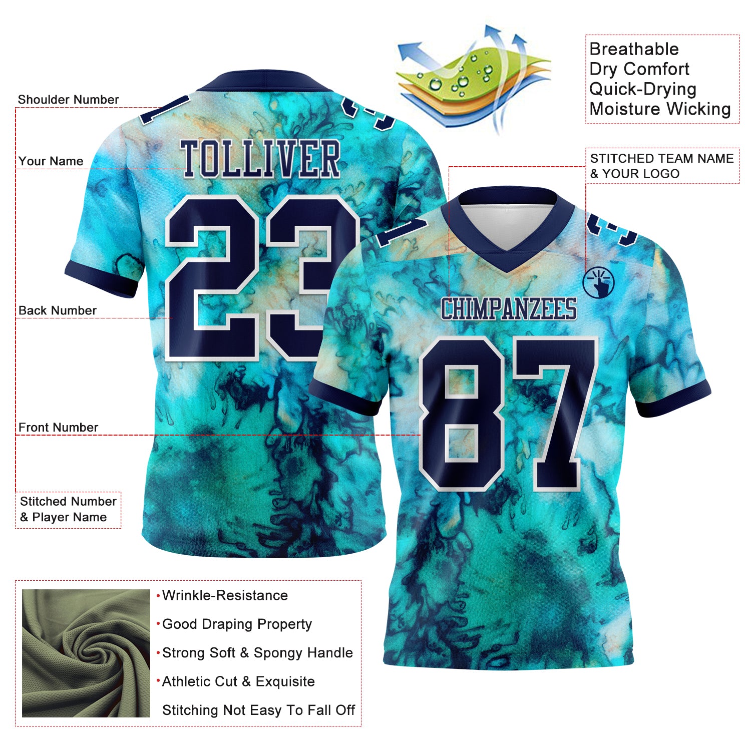 Custom Tie Dye Navy-White 3D Pattern Authentic Football Jersey
