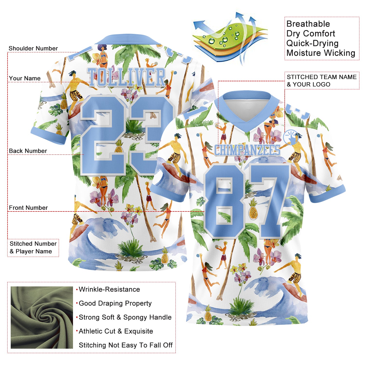 Custom White Light Blue 3D Pattern Beach Hawaii Palm Trees Authentic Football Jersey