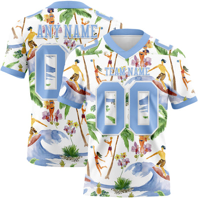 Custom White Light Blue 3D Pattern Beach Hawaii Palm Trees Authentic Football Jersey
