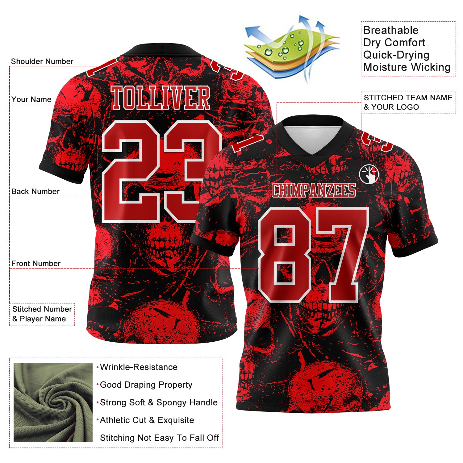 Custom Black Red-White 3D Pattern Halloween Skull Authentic Football Jersey