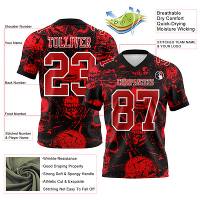Custom Black Red-White 3D Pattern Halloween Skull Authentic Football Jersey