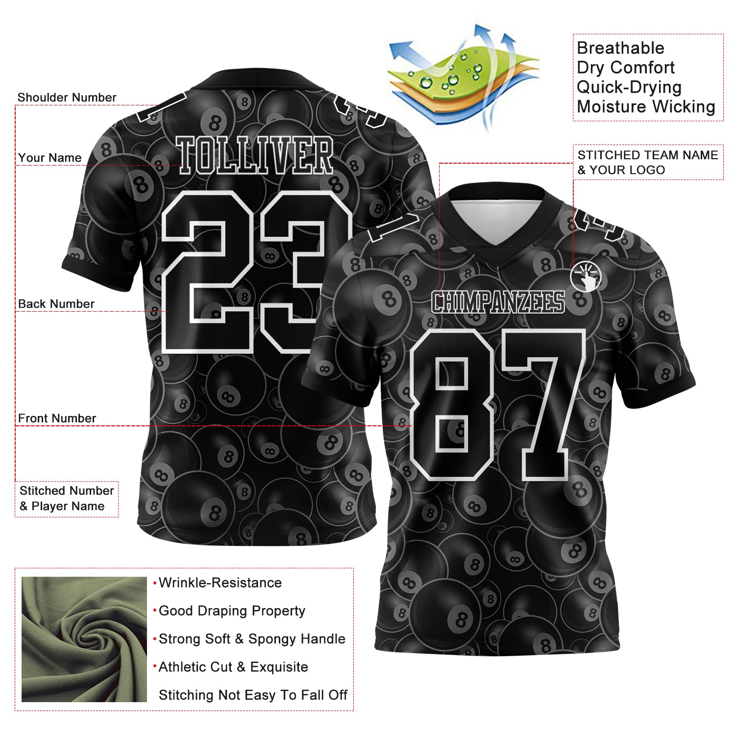 Custom Black White 3D Pattern Billiards Snooker 8 Ball Authentic Football Jersey