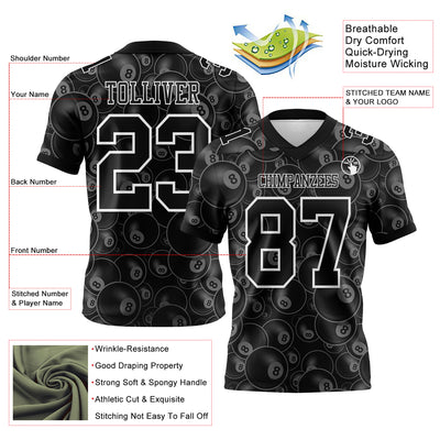 Custom Black White 3D Pattern Billiards Snooker 8 Ball Authentic Football Jersey