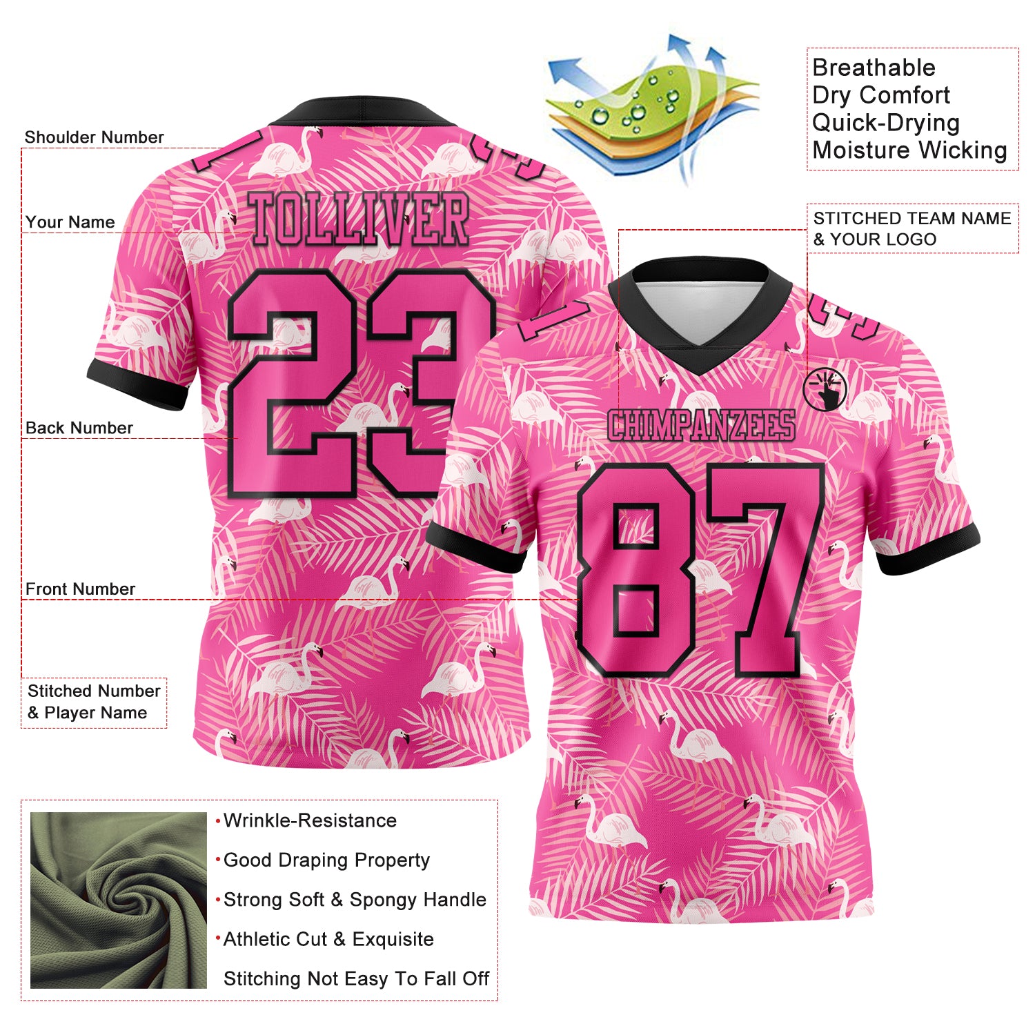 Custom Pink Black 3D Pattern Flamingo Authentic Football Jersey