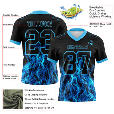 Custom Black Sky Blue 3D Pattern Flame Authentic Football Jersey