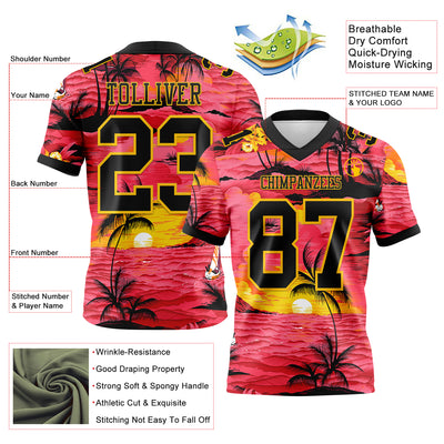 Custom Red Black-Yellow 3D Pattern Sun Beach Hawaii Palm Trees Authentic Football Jersey