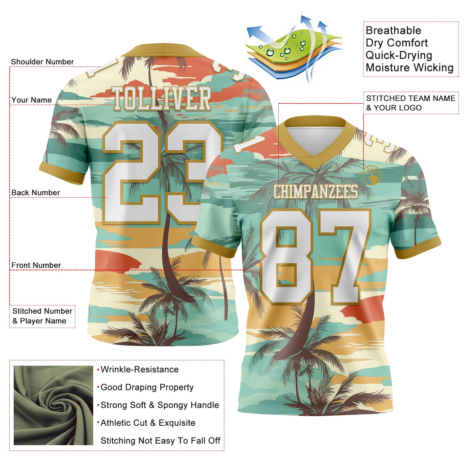 Custom Aqua White-Old Gold 3D Pattern Tropical Hawaii Palm Trees Authentic Football Jersey