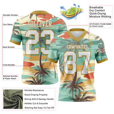 Custom Aqua White-Old Gold 3D Pattern Tropical Hawaii Palm Trees Authentic Football Jersey