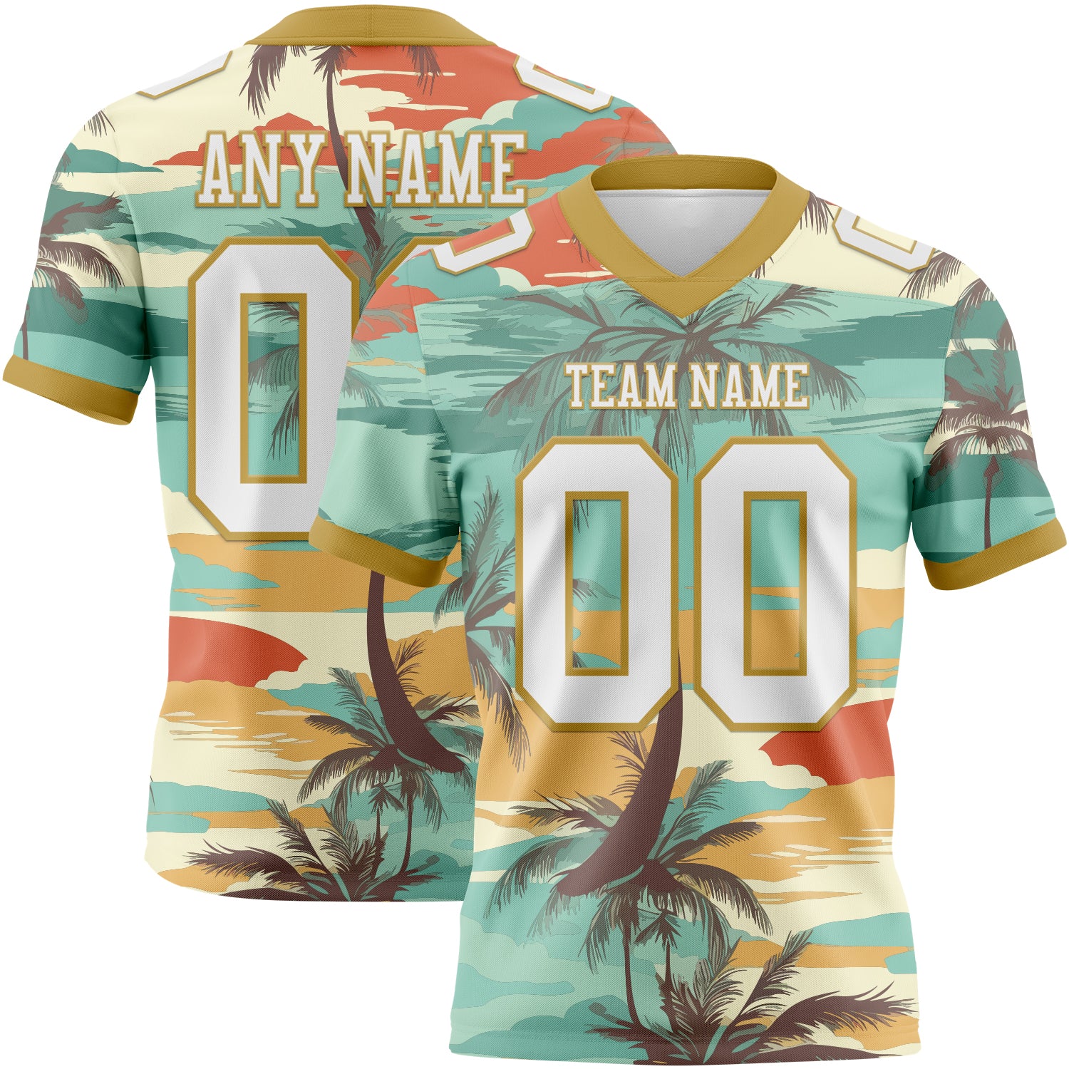 Custom Aqua White-Old Gold 3D Pattern Tropical Hawaii Palm Trees Authentic Football Jersey