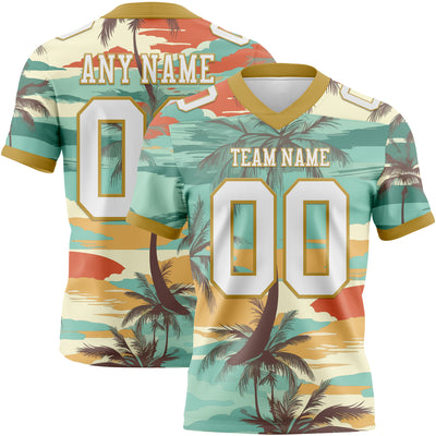 Custom Aqua White-Old Gold 3D Pattern Tropical Hawaii Palm Trees Authentic Football Jersey