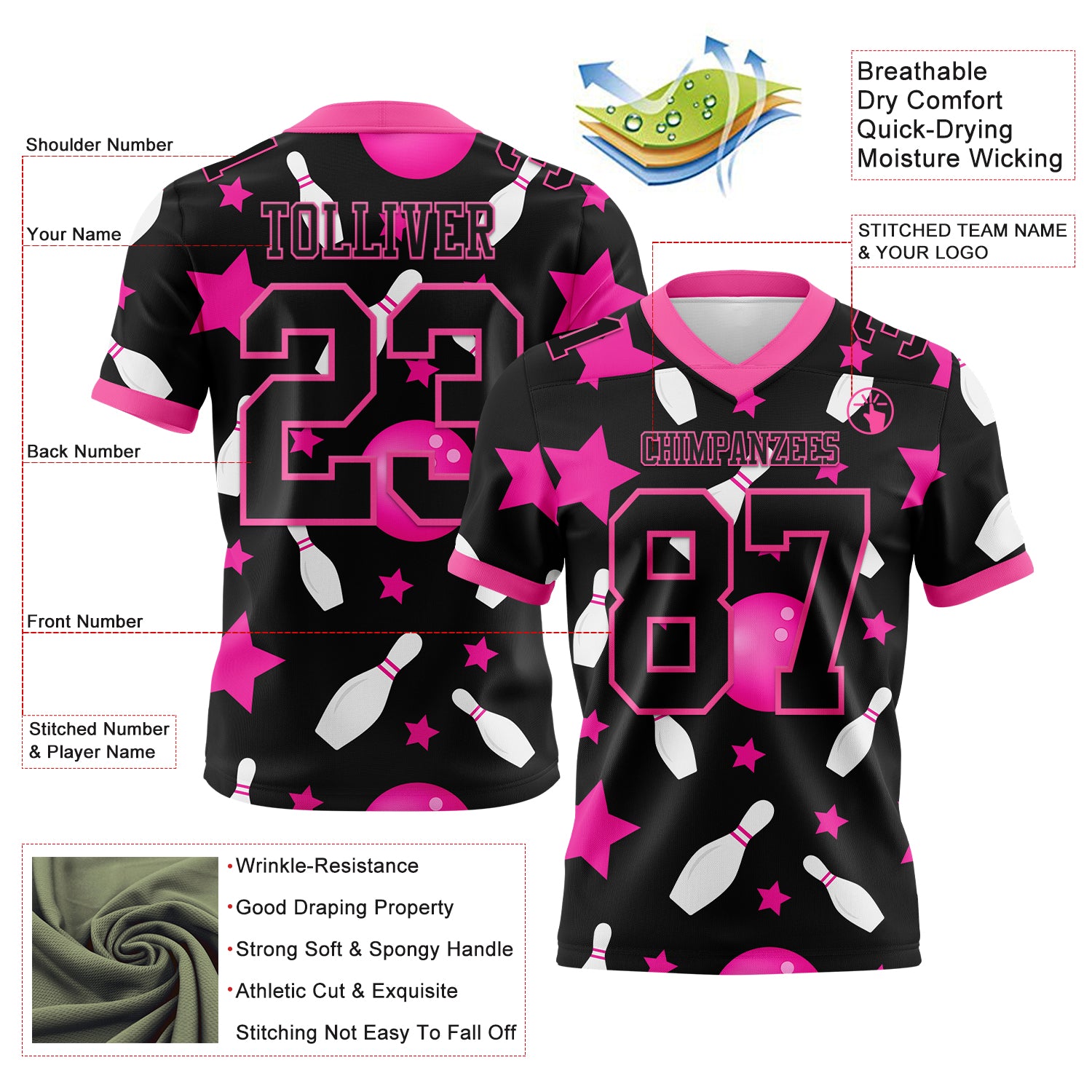 Custom Black Pink 3D Pattern Bowling Authentic Football Jersey