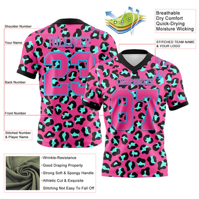 Custom Pink Sky Blue-Black 3D Pattern Leopard Print Authentic Football Jersey