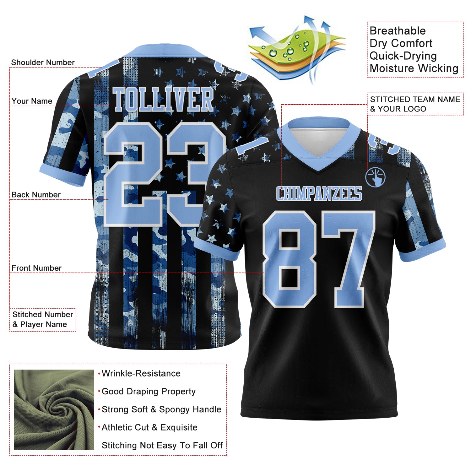 Custom Black Light Blue-White 3D Pattern American Flag Authentic Football Jersey