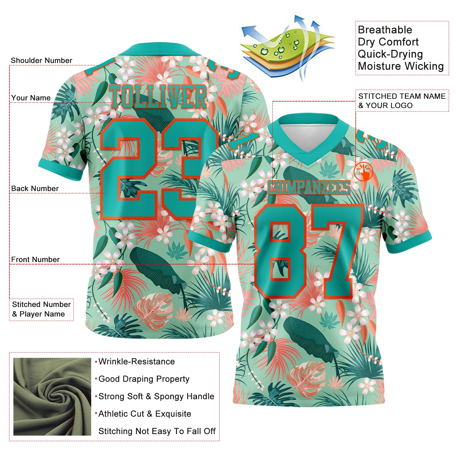 Custom Teal Orange 3D Pattern Hawaii Palm Leaves And Flowers Authentic Football Jersey