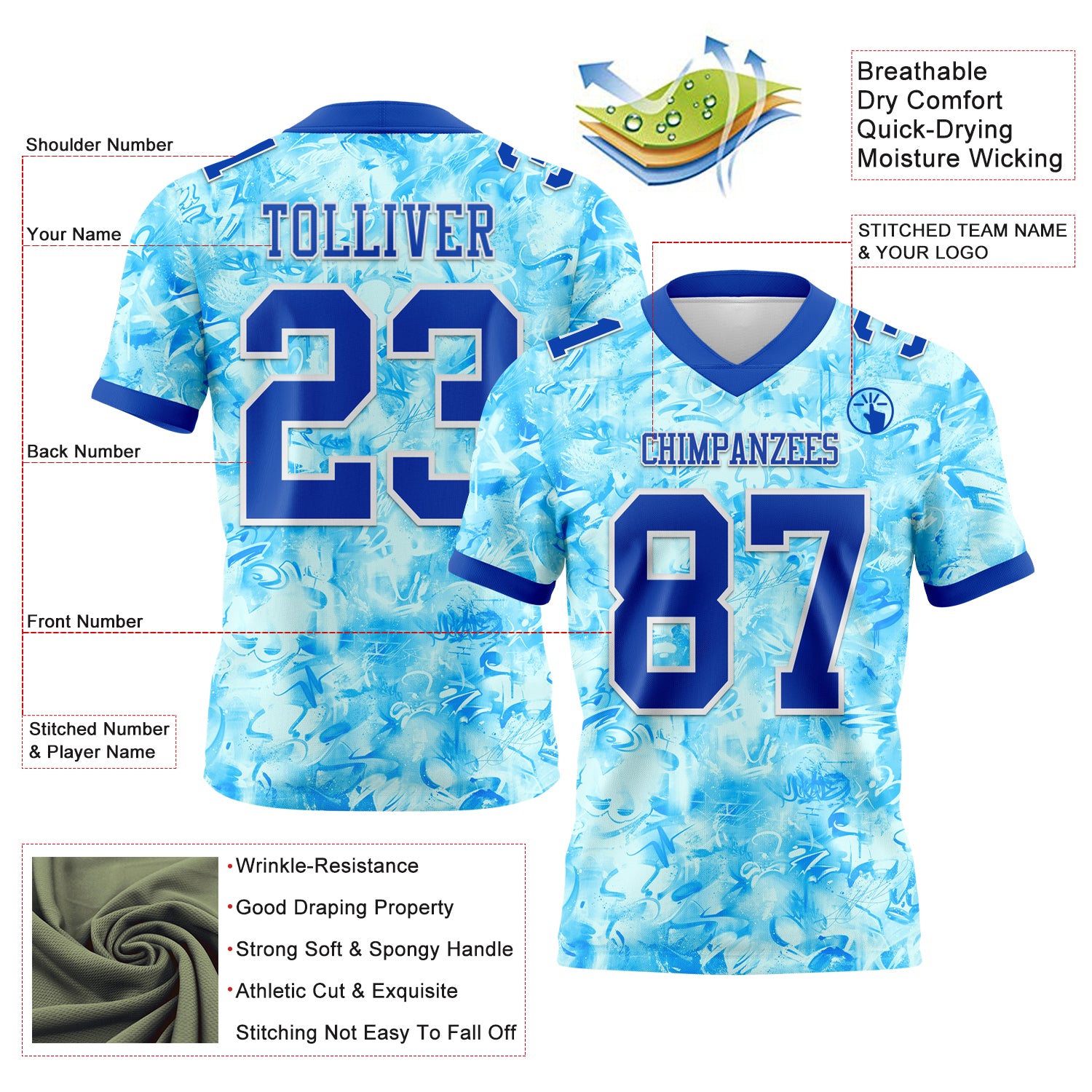 Custom Graffiti Pattern Thunder Blue-White 3D Pattern Scratch Authentic Football Jersey