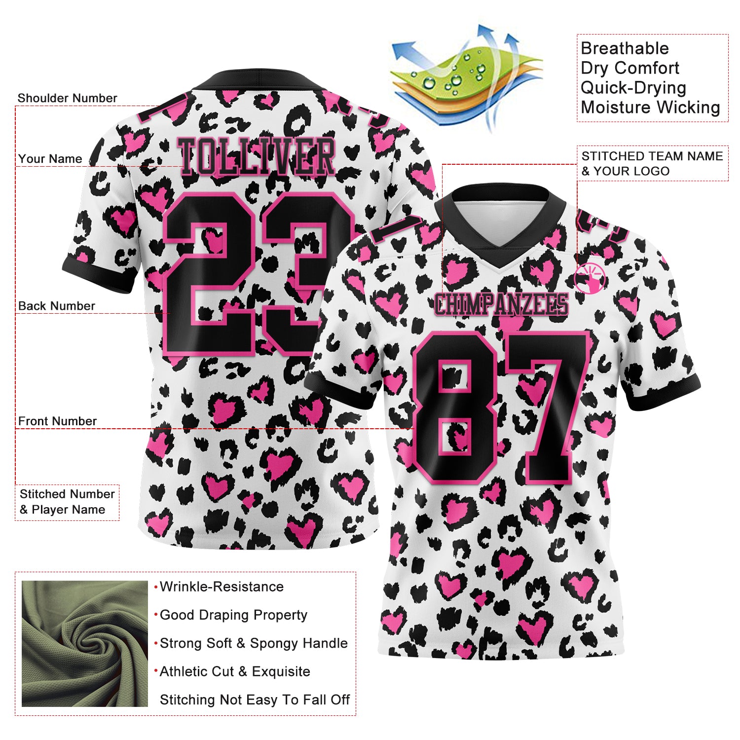 Custom White Black-Pink 3D Pattern Leopard Print Authentic Football Jersey