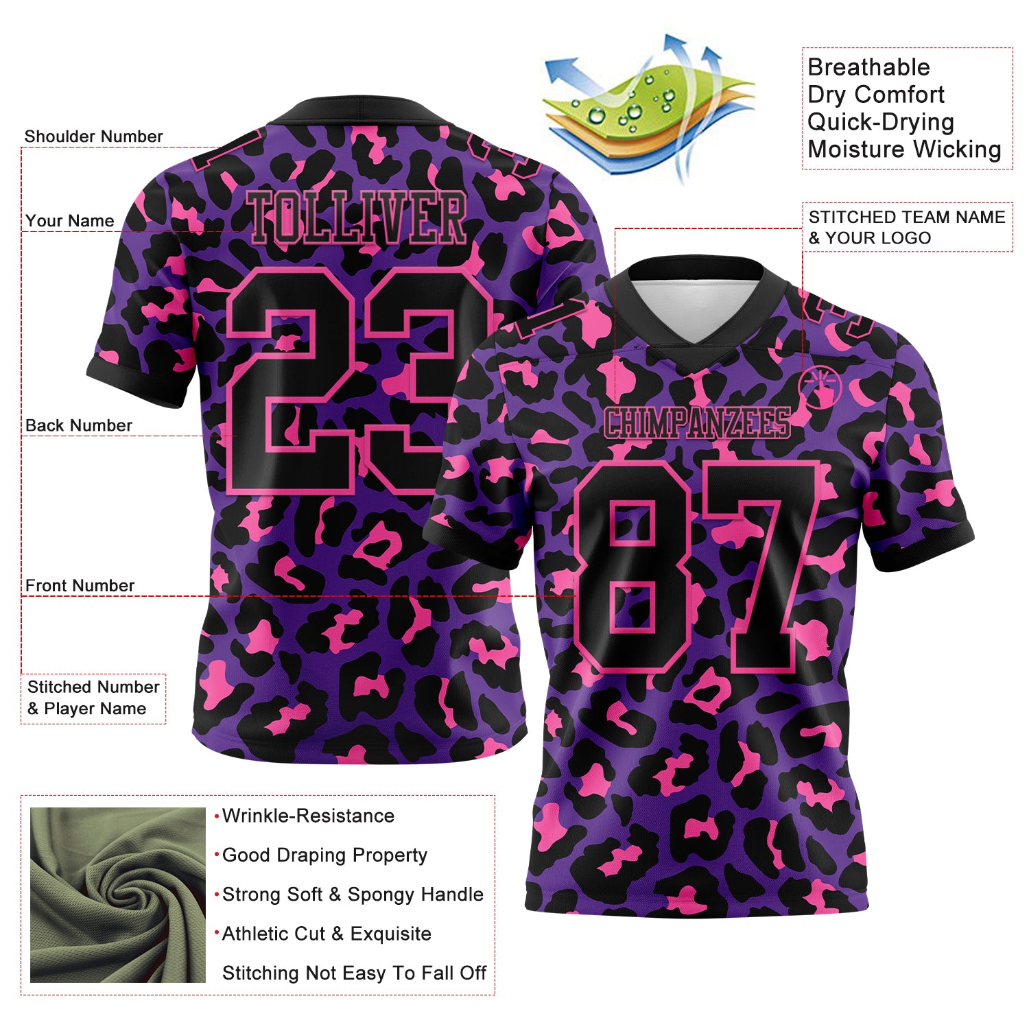 Custom Purple Black-Pink 3D Pattern Leopard Print Authentic Football Jersey