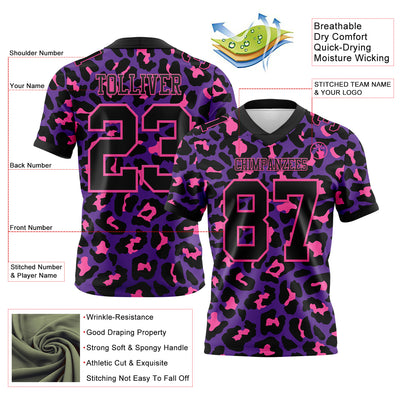 Custom Purple Black-Pink 3D Pattern Leopard Print Authentic Football Jersey