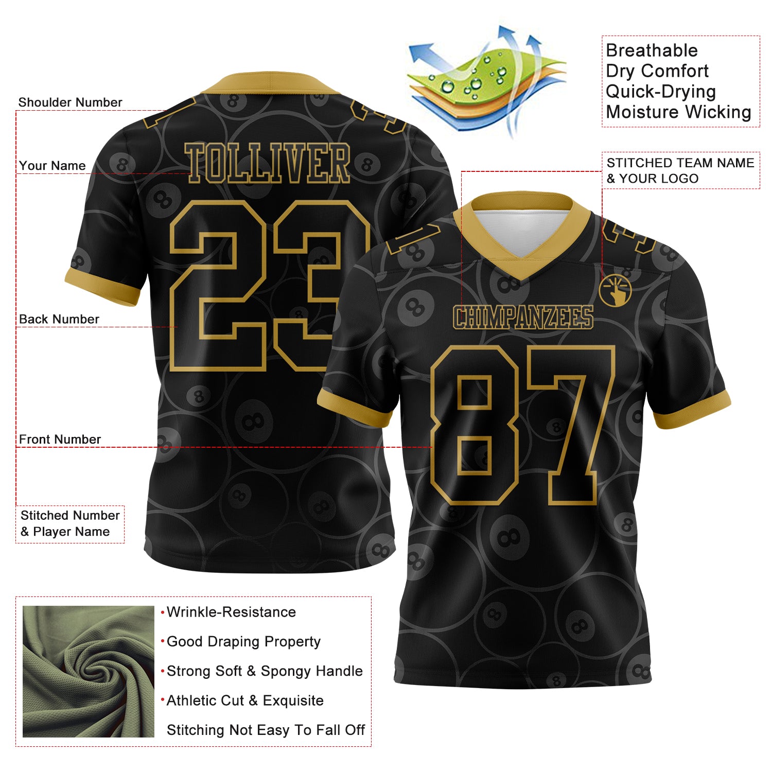 Custom Black Old Gold 3D Pattern Billiards Snooker 8 Ball Authentic Football Jersey