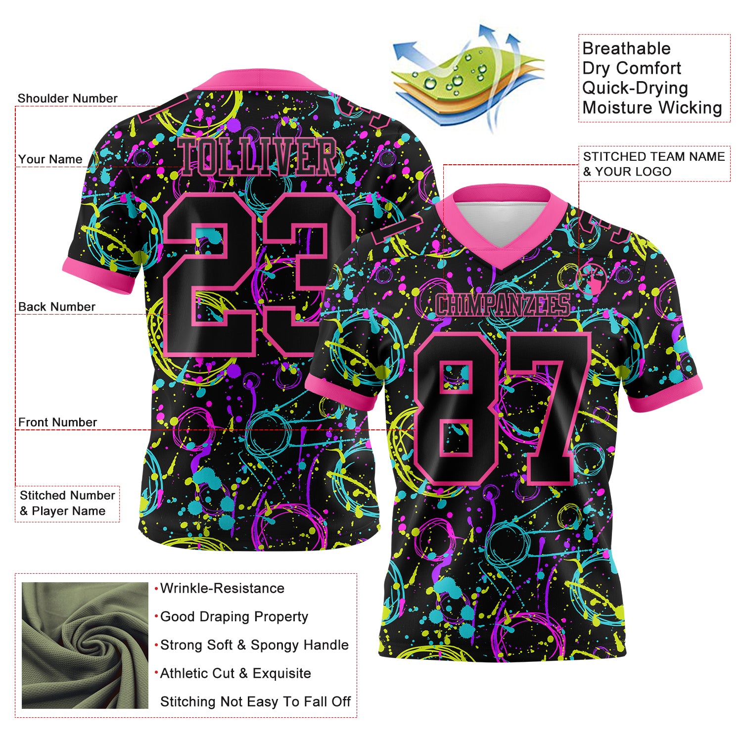 Custom Graffiti Pattern Black-Pink 3D Pattern Neon Splash Authentic Football Jersey