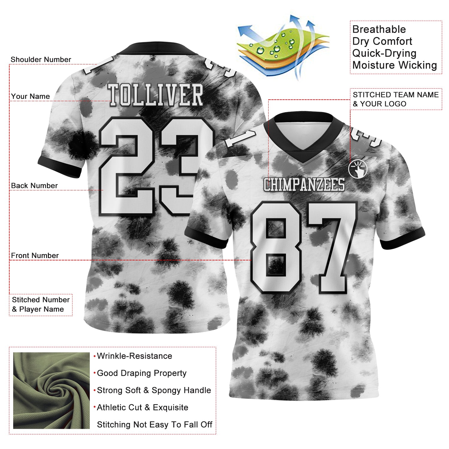 Custom Tie Dye White-Black 3D Pattern Authentic Football Jersey