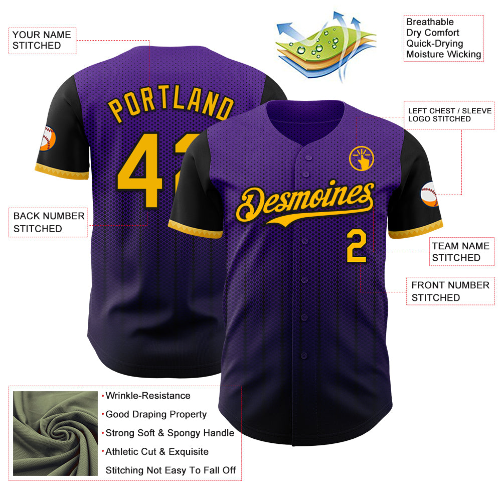 Custom Purple Gold-Black 3D Pattern Design Gradient Geometric Shape Authentic Baseball Jersey