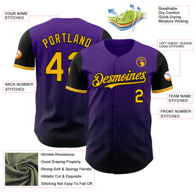 Custom Purple Gold-Black 3D Pattern Design Gradient Geometric Shape Authentic Baseball Jersey