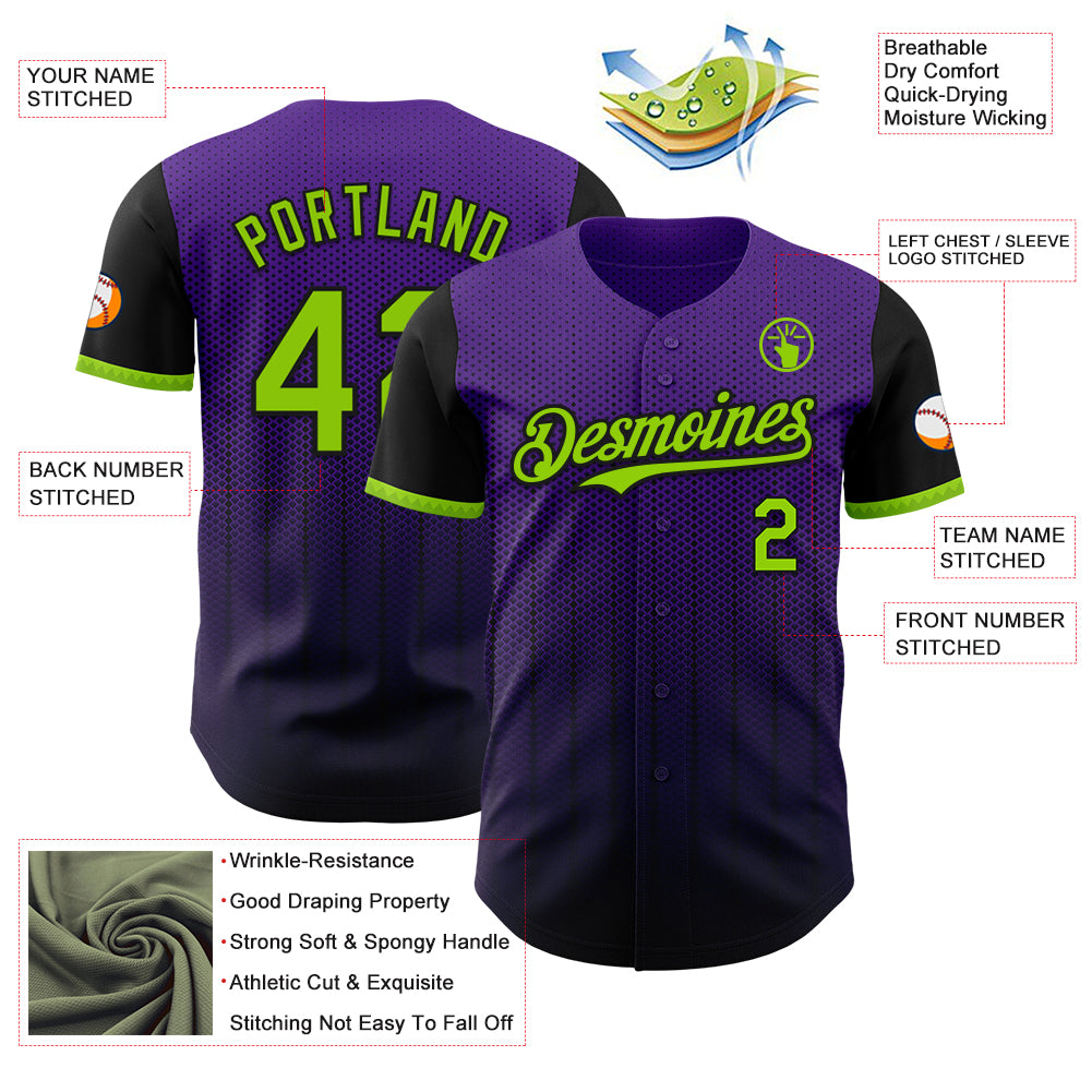 Custom Purple Neon Green-Black 3D Pattern Design Gradient Geometric Shape Authentic Baseball Jersey