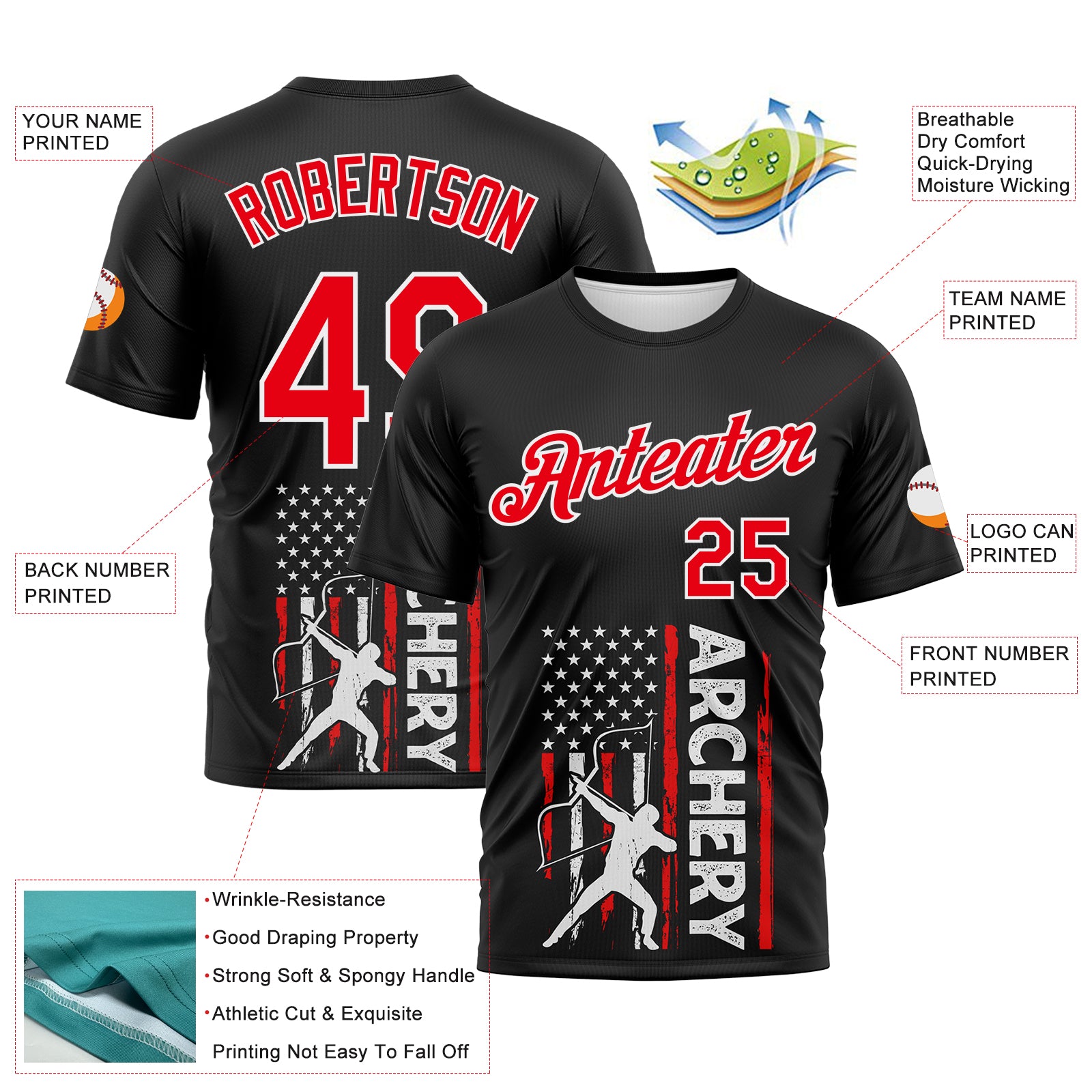 Custom Black Fire Red-White 3D Pattern Design Arrow Archery Bow Target American Flag Performance T-Shirt