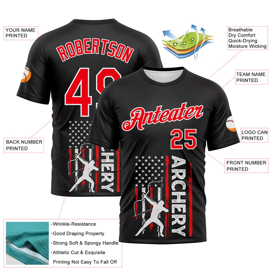 Custom Black Fire Red-White 3D Pattern Design Arrow Archery Bow Target American Flag Performance T-Shirt