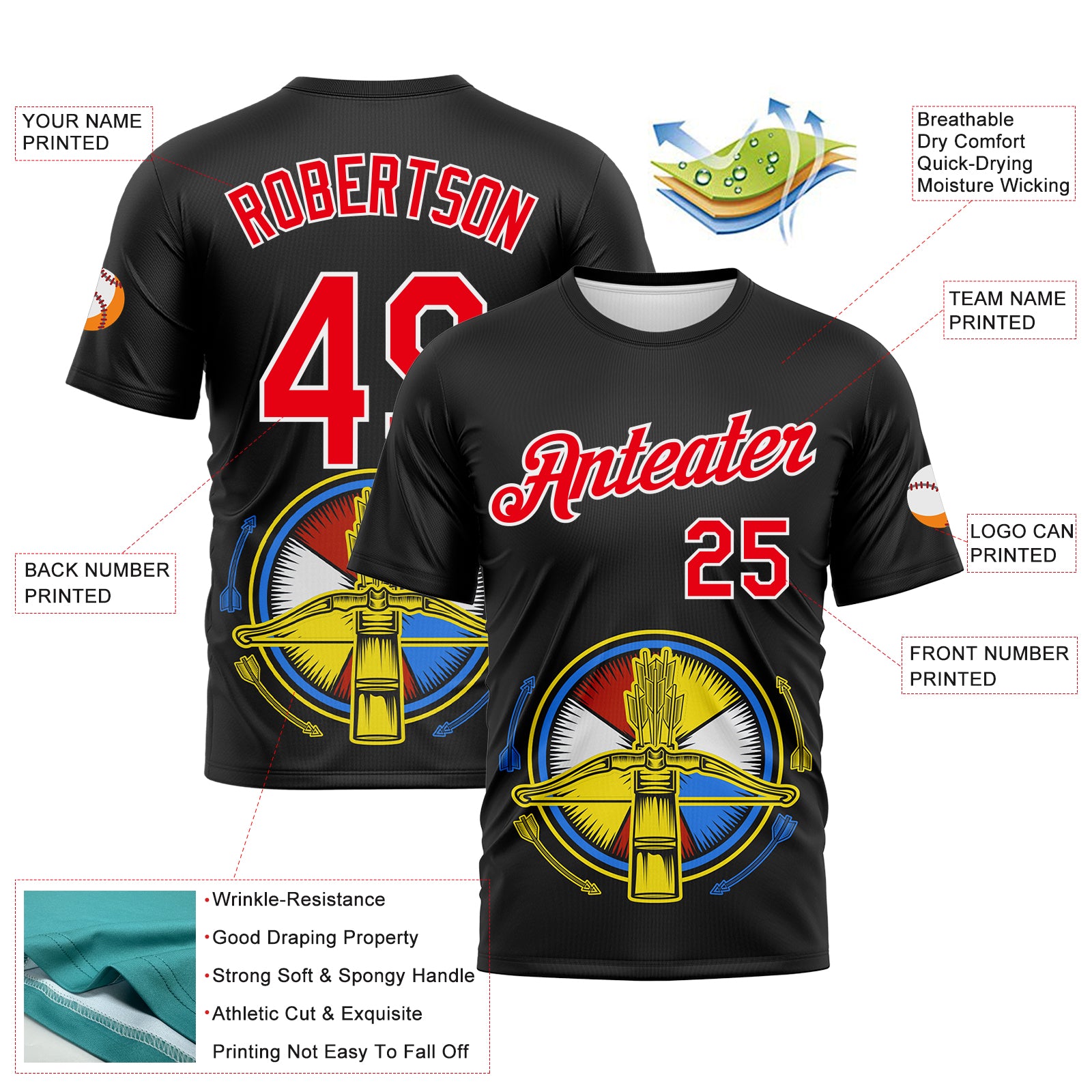 Custom Black Fire Red-White 3D Pattern Design Arrow Archery Bow Target Performance T-Shirt