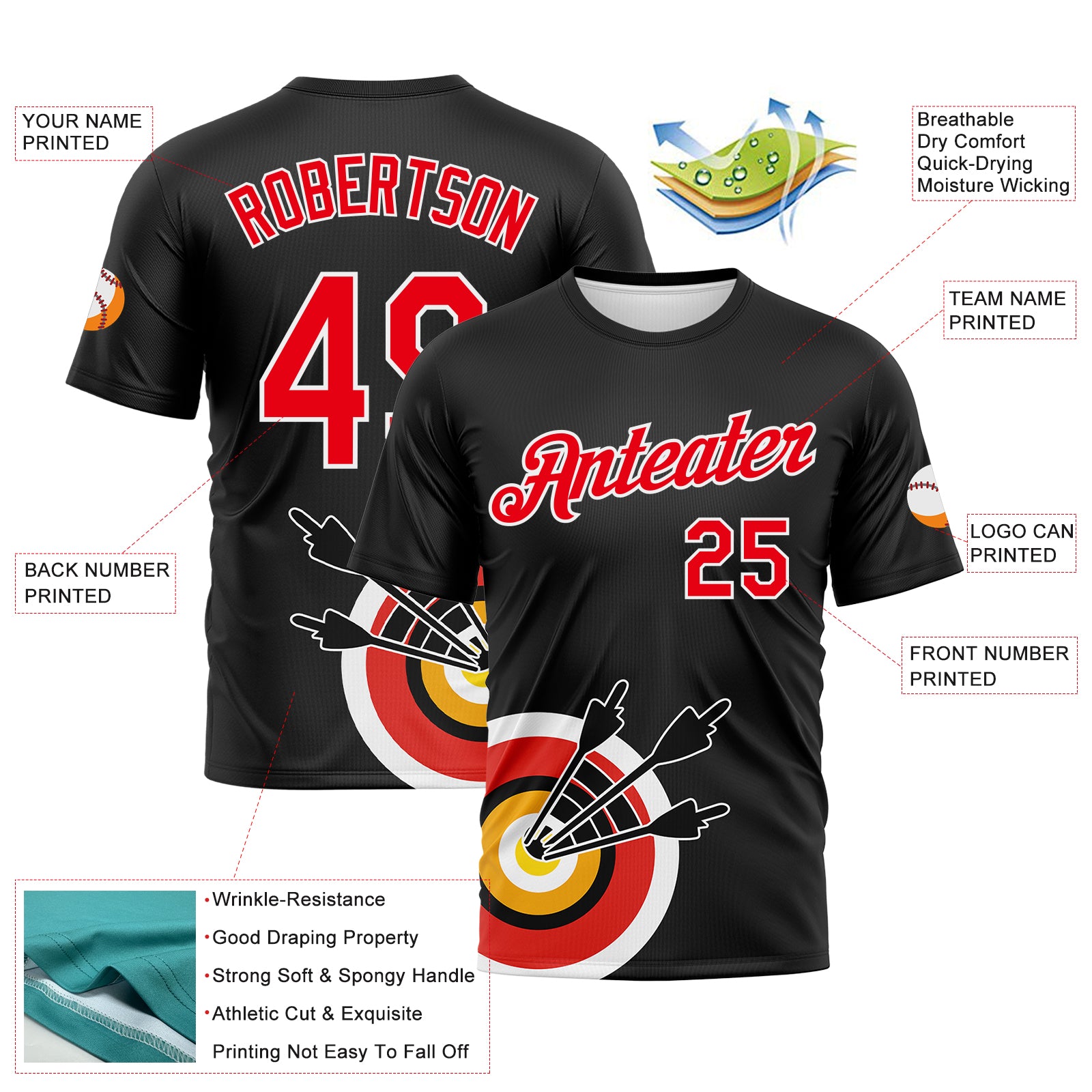 Custom Black Fire Red-White 3D Pattern Design Arrow Archery Bow Target Performance T-Shirt