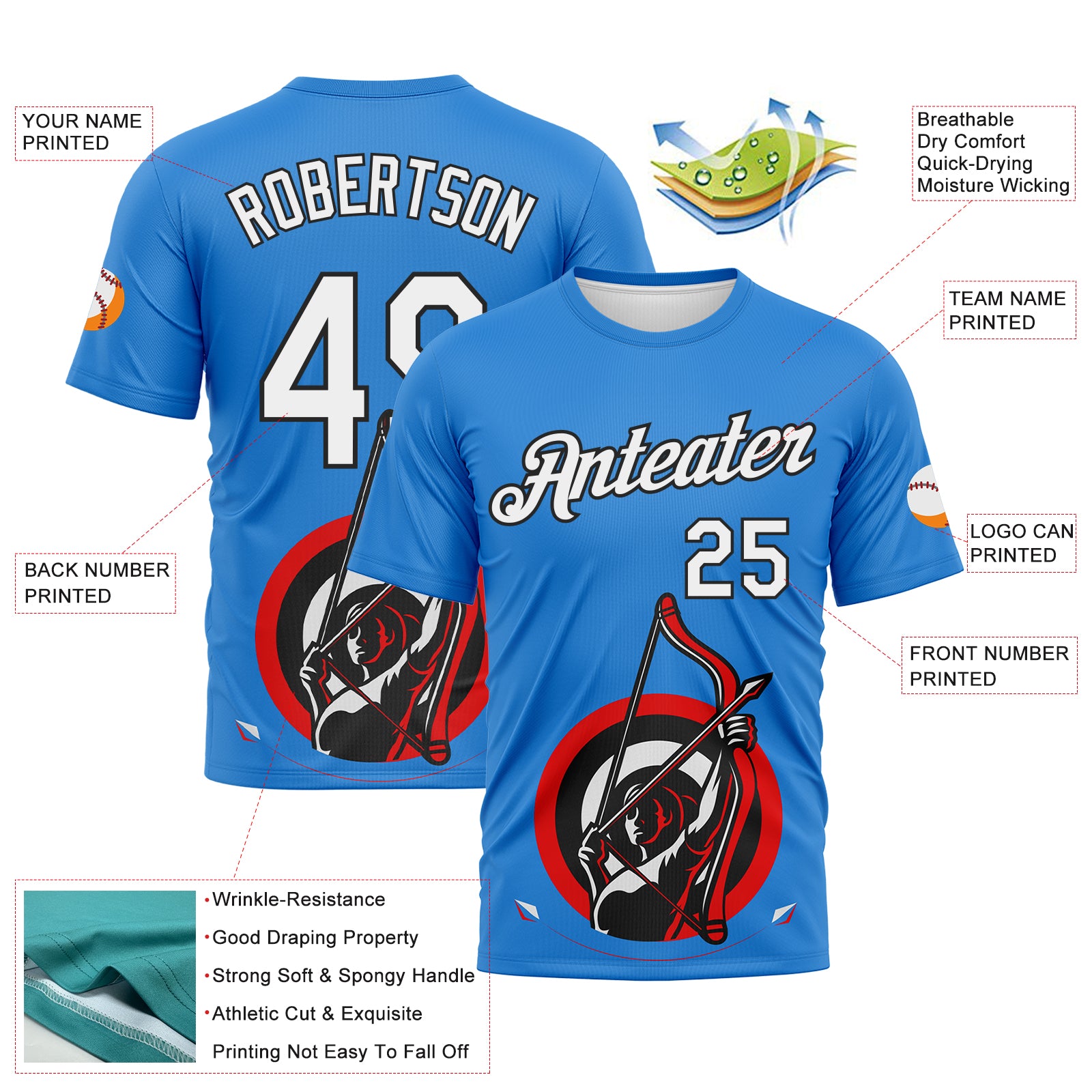 Custom Powder Blue White-Black 3D Pattern Design Arrow Archery Bow Target Performance T-Shirt