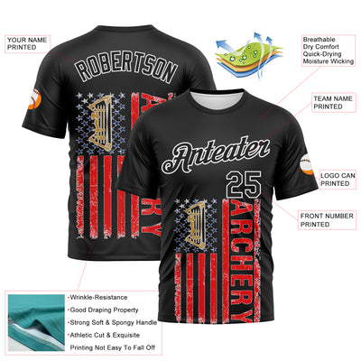 Custom Black Fire Red-White 3D Pattern Design Arrow Archery Bow Target American Flag Performance T-Shirt