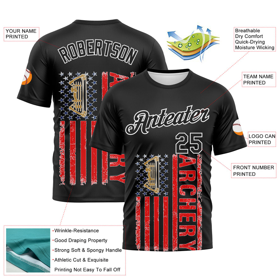 Custom Black Fire Red-White 3D Pattern Design Arrow Archery Bow Target American Flag Performance T-Shirt