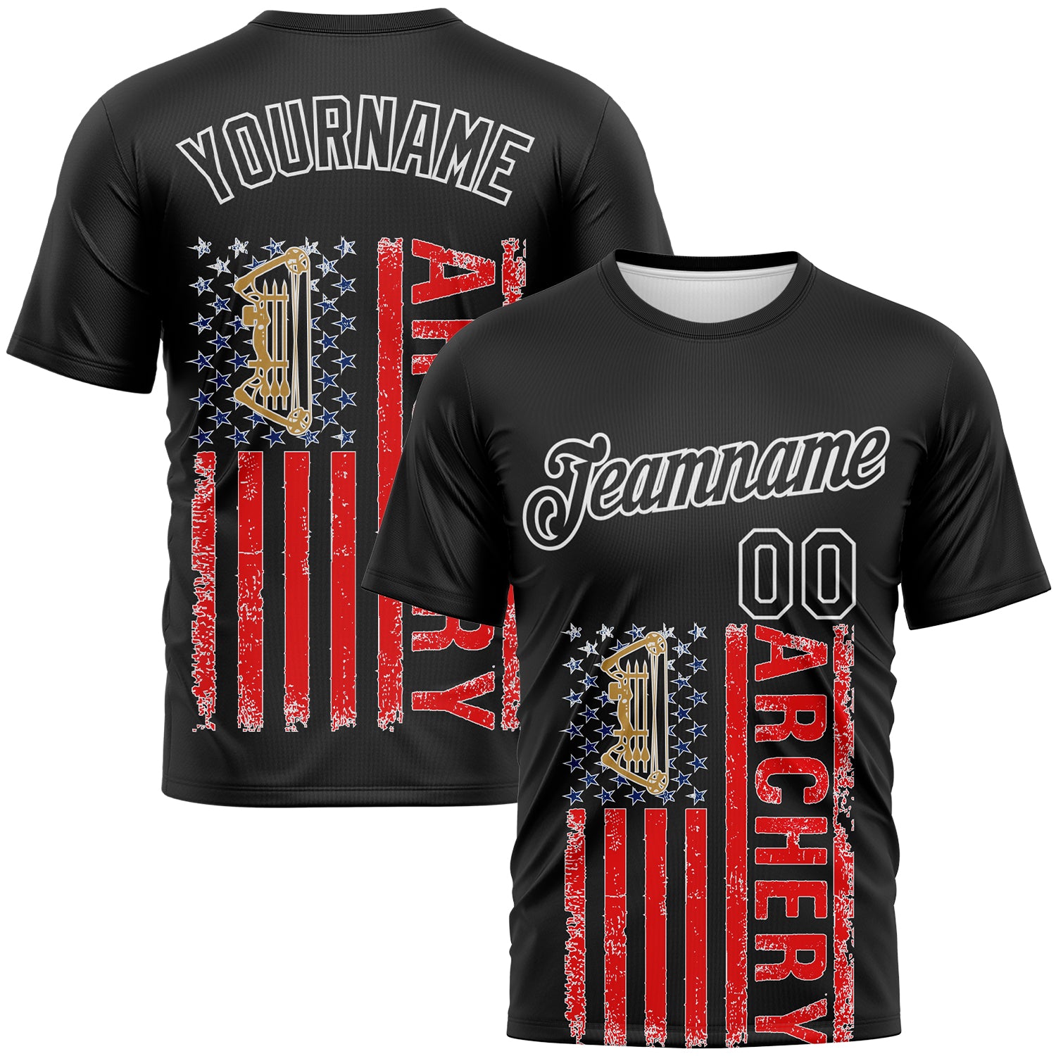 Custom Black Fire Red-White 3D Pattern Design Arrow Archery Bow Target American Flag Performance T-Shirt