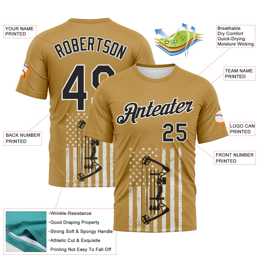 Custom Old Gold Black-White 3D Pattern Design Arrow Archery Bow Target American Flag Performance T-Shirt