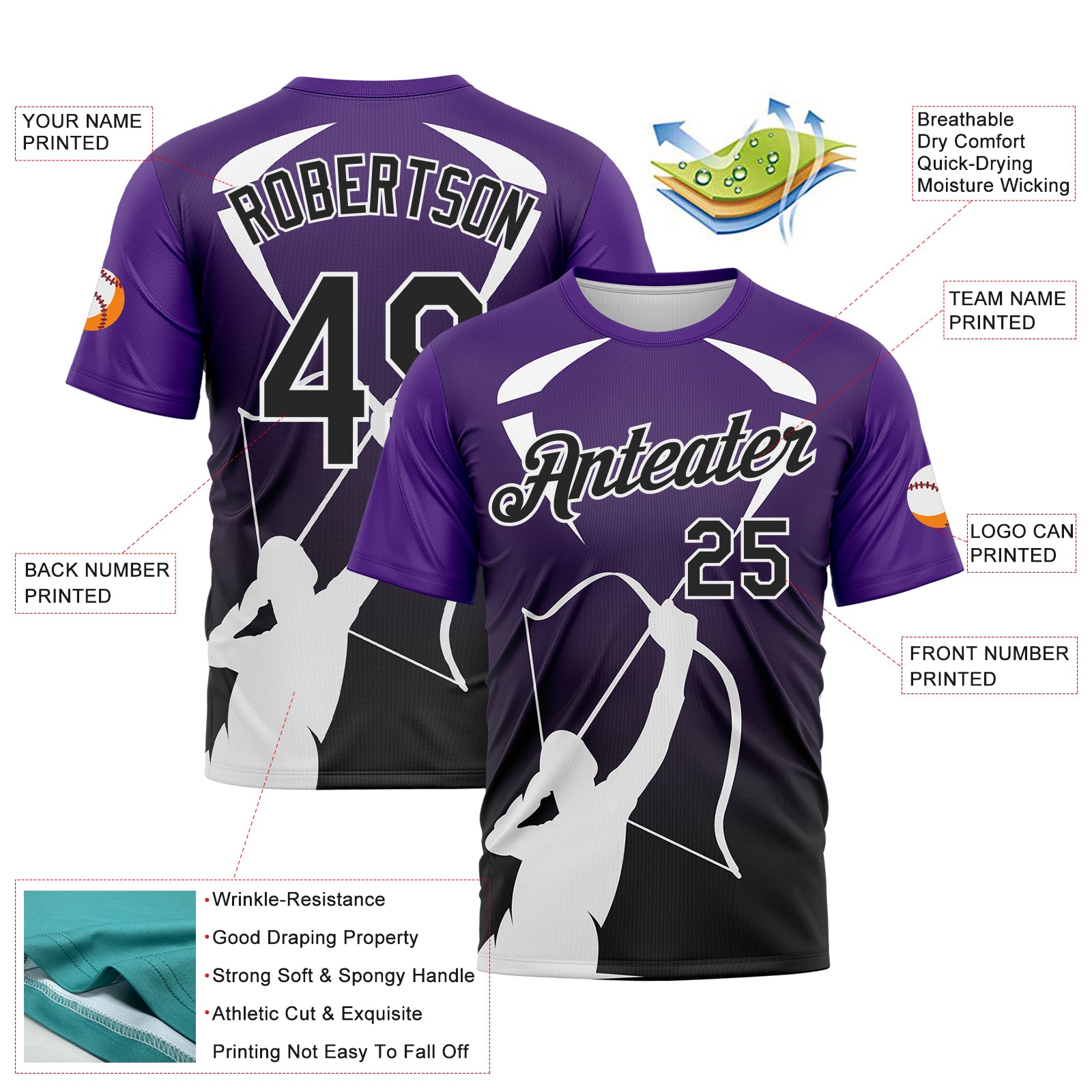 Custom Purple Black-White 3D Pattern Design Arrow Archery Bow Target Performance T-Shirt