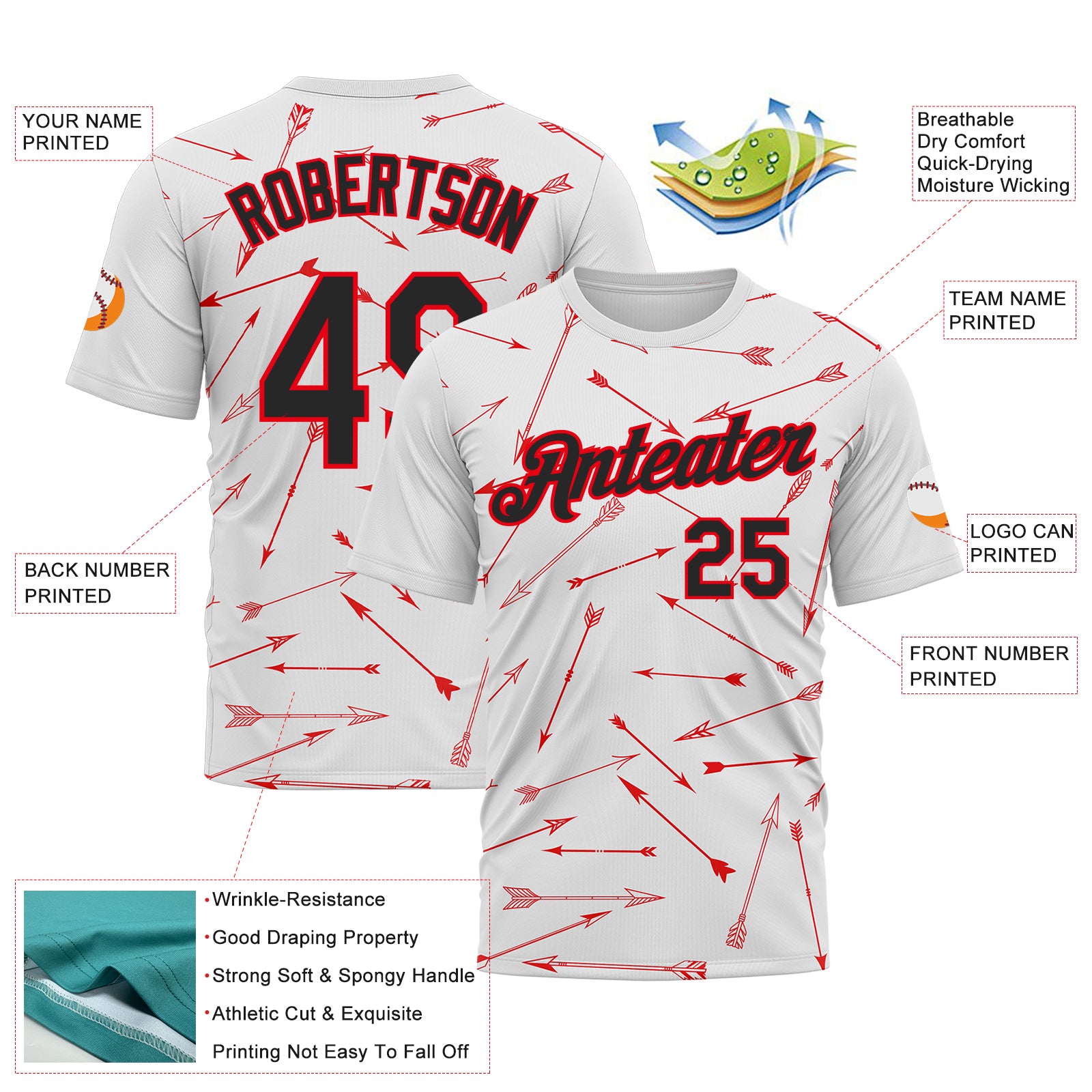 Custom White Black-Fire Red 3D Pattern Design Arrow Archery Bow Target Performance T-Shirt