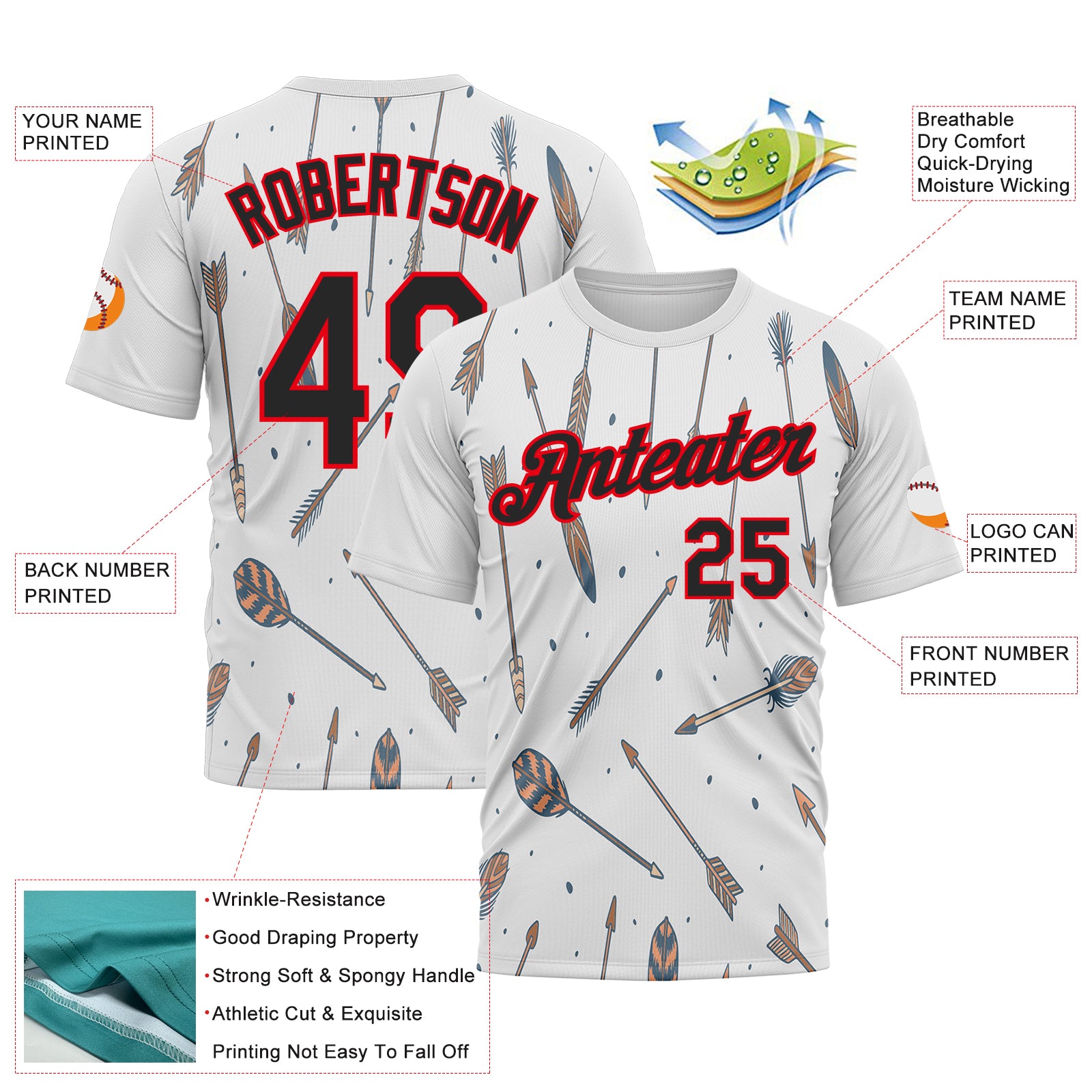 Custom White Black-Fire Red 3D Pattern Design Arrow Archery Bow Target Performance T-Shirt