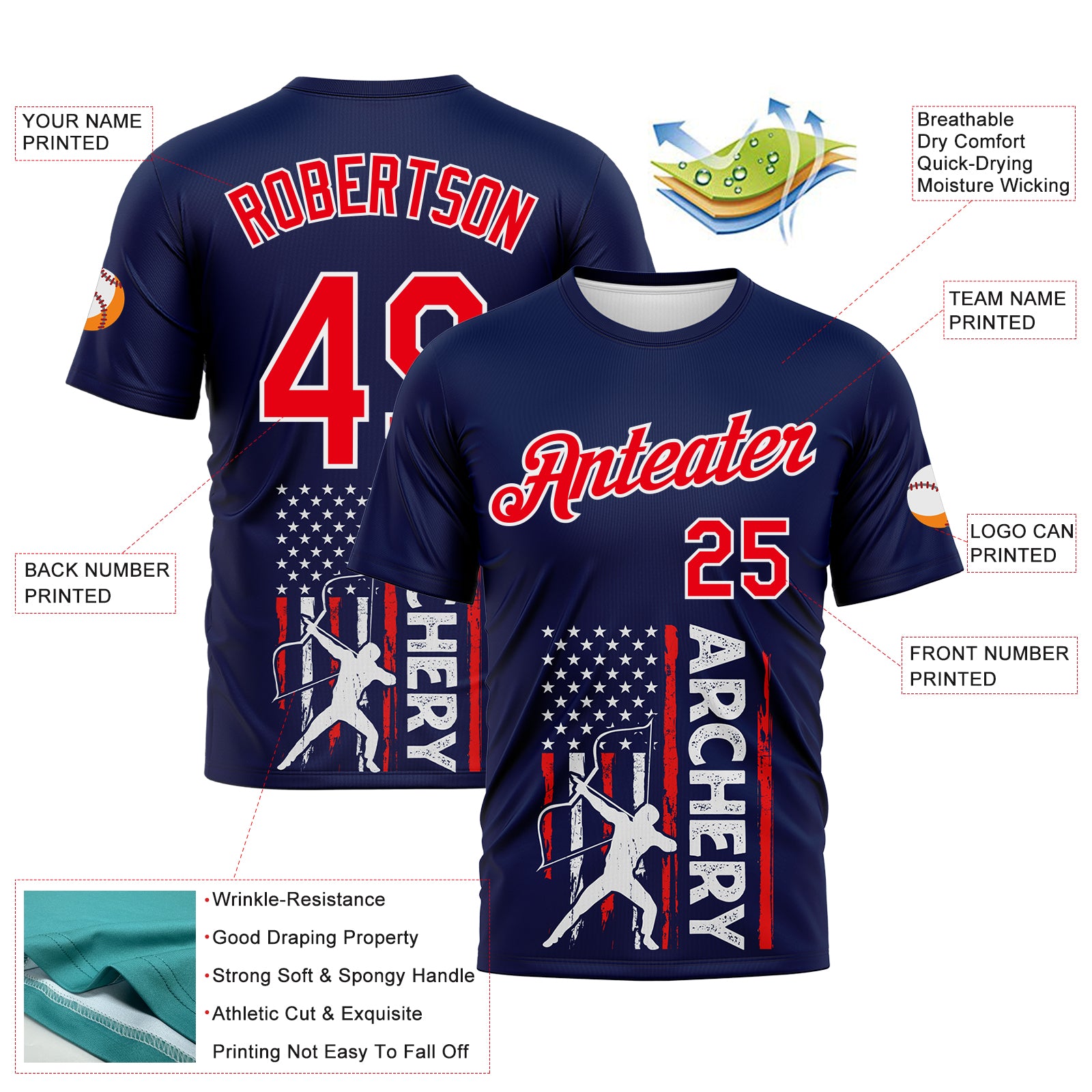 Custom Navy Fire Red-White 3D Pattern Design Arrow Archery Bow Target American Flag Performance T-Shirt