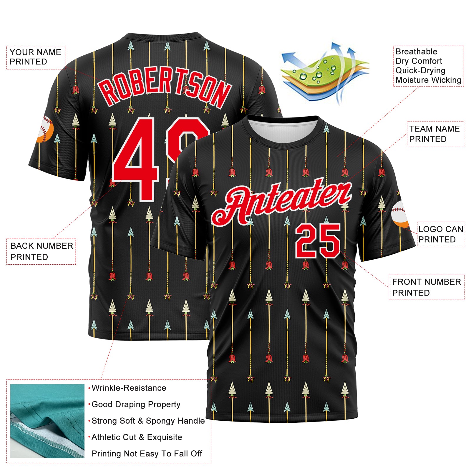 Custom Black Fire Red-White 3D Pattern Design Arrow Archery Bow Target Performance T-Shirt