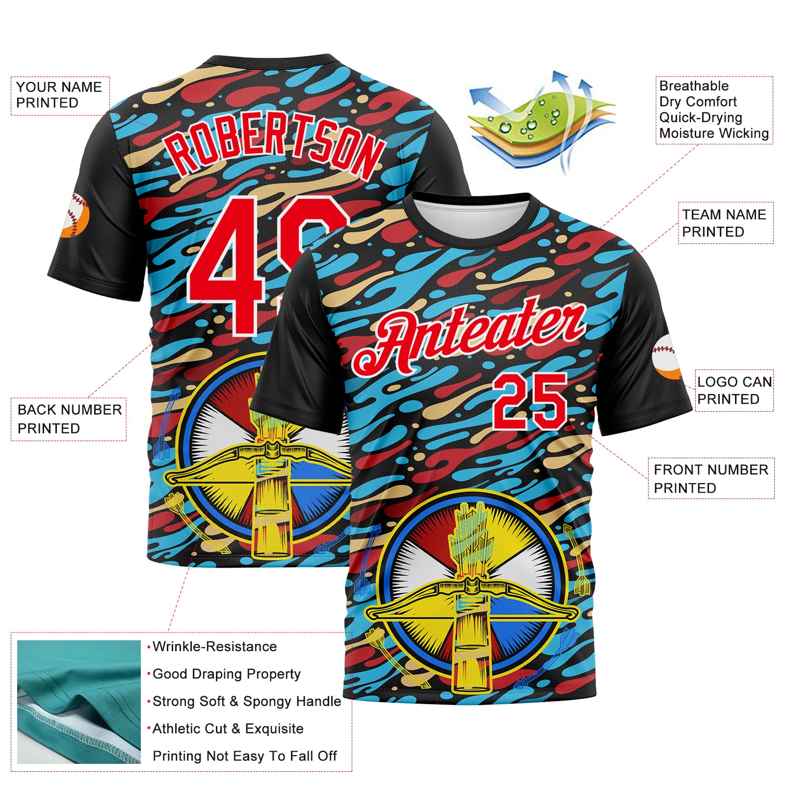 Custom Black Fire Red-White 3D Pattern Design Arrow Archery Bow Target Performance T-Shirt