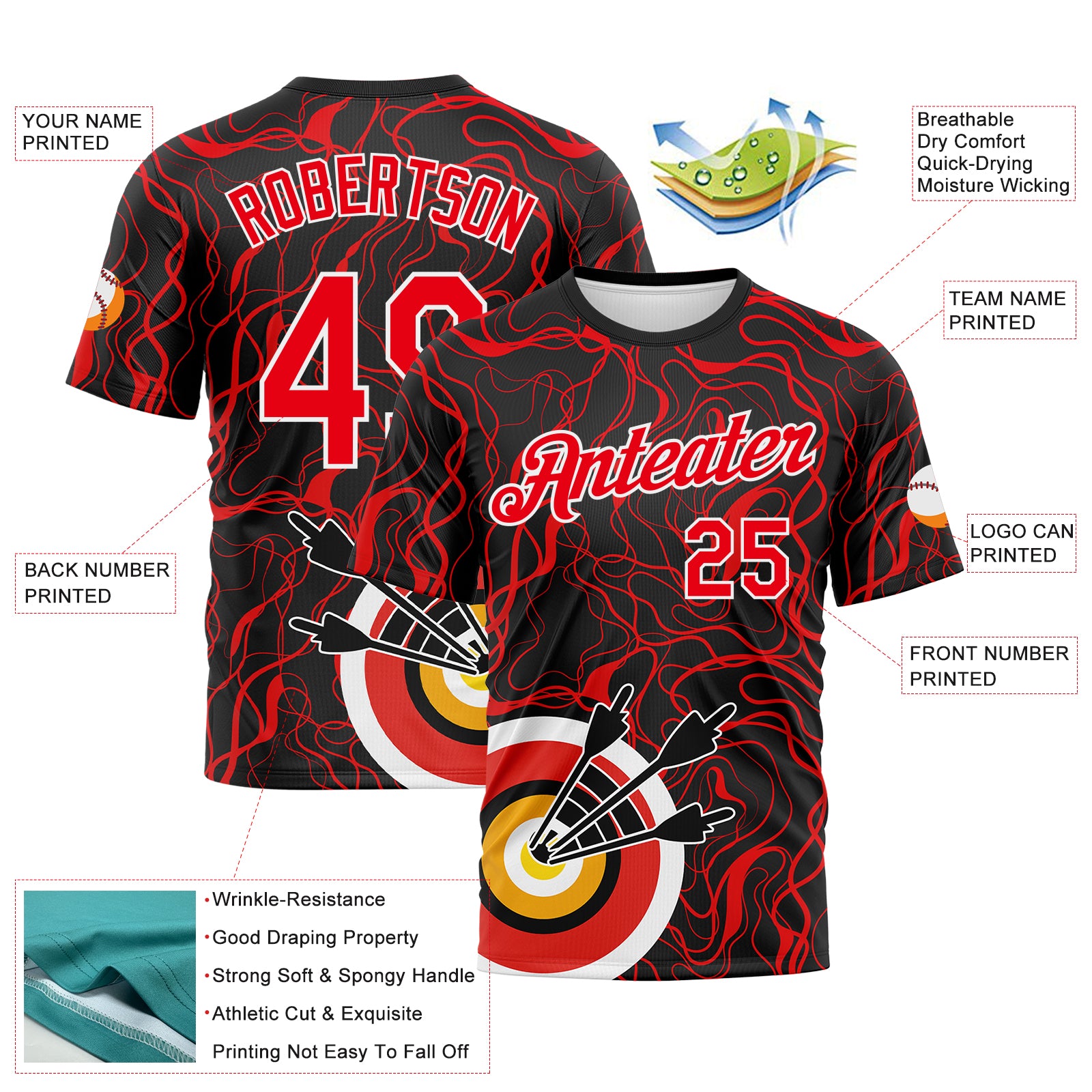 Custom Black Fire Red-White 3D Pattern Design Arrow Archery Bow Target Performance T-Shirt