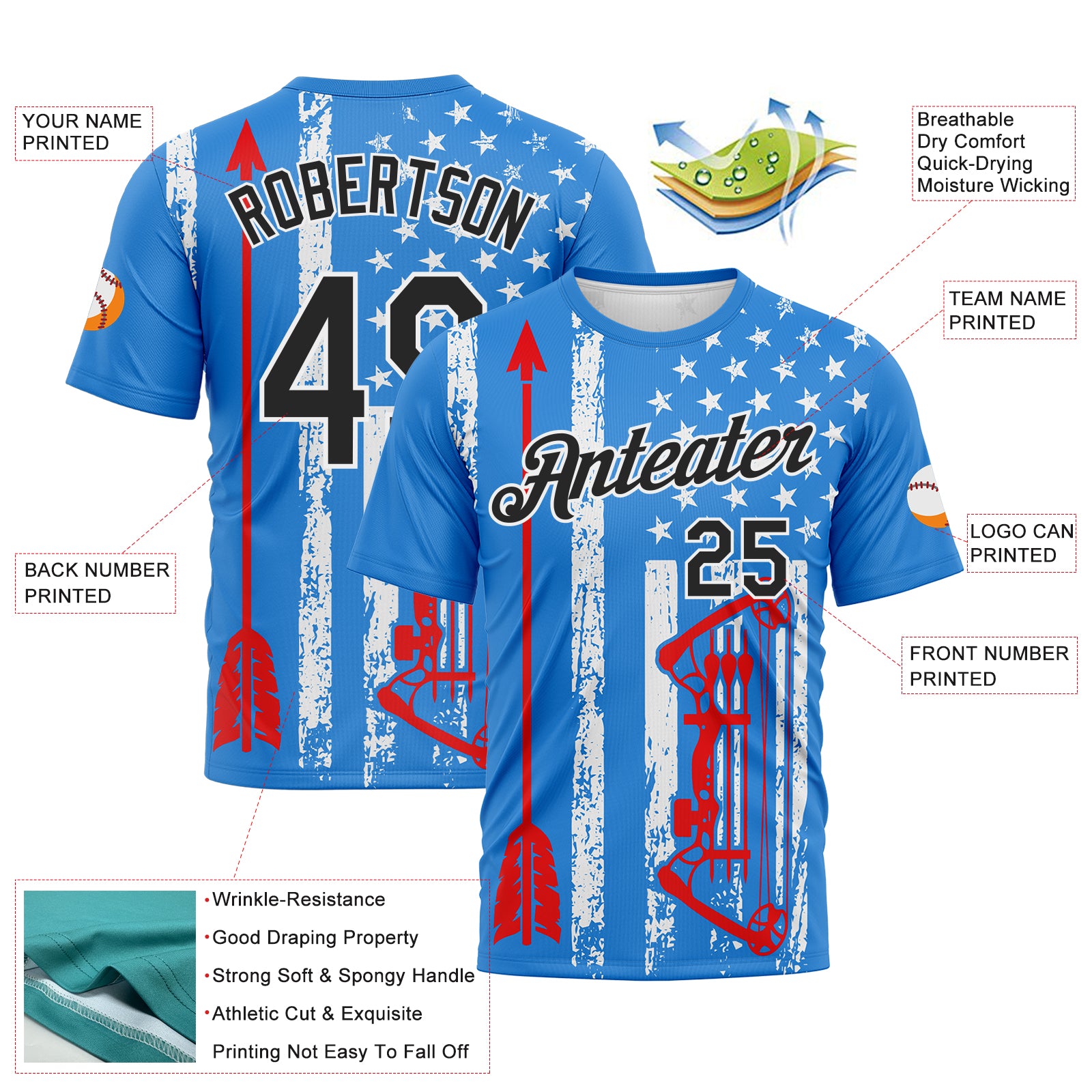 Custom Powder Blue Black Fire Red-White 3D Pattern Design Arrow Archery Bow Target American Flag Performance T-Shirt