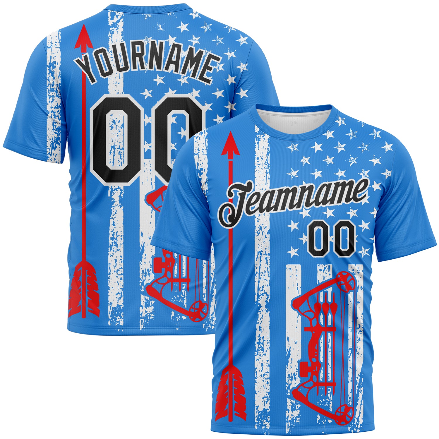 Custom Powder Blue Black Fire Red-White 3D Pattern Design Arrow Archery Bow Target American Flag Performance T-Shirt