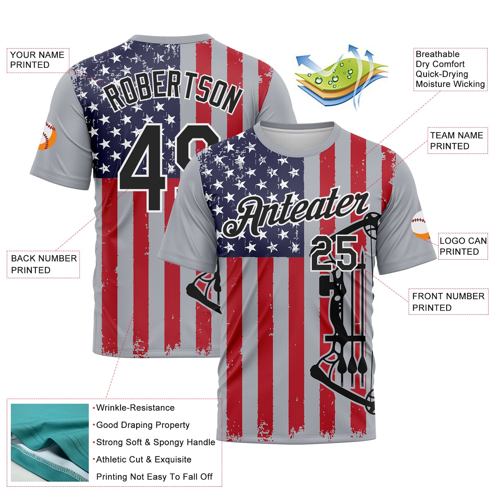 Custom Gray Black Fire Red-White 3D Pattern Design Arrow Archery Bow Target American Flag Performance T-Shirt