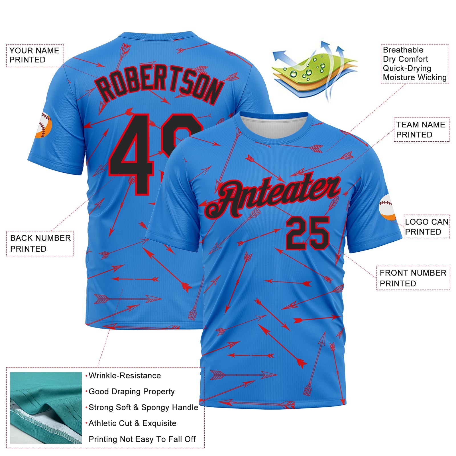 Custom Powder Blue Black-Fire Red 3D Pattern Design Arrow Archery Bow Target Performance T-Shirt