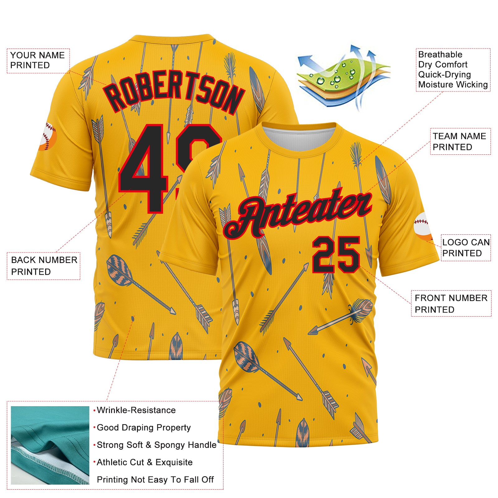 Custom Gold Black-Fire Red 3D Pattern Design Arrow Archery Bow Target Performance T-Shirt