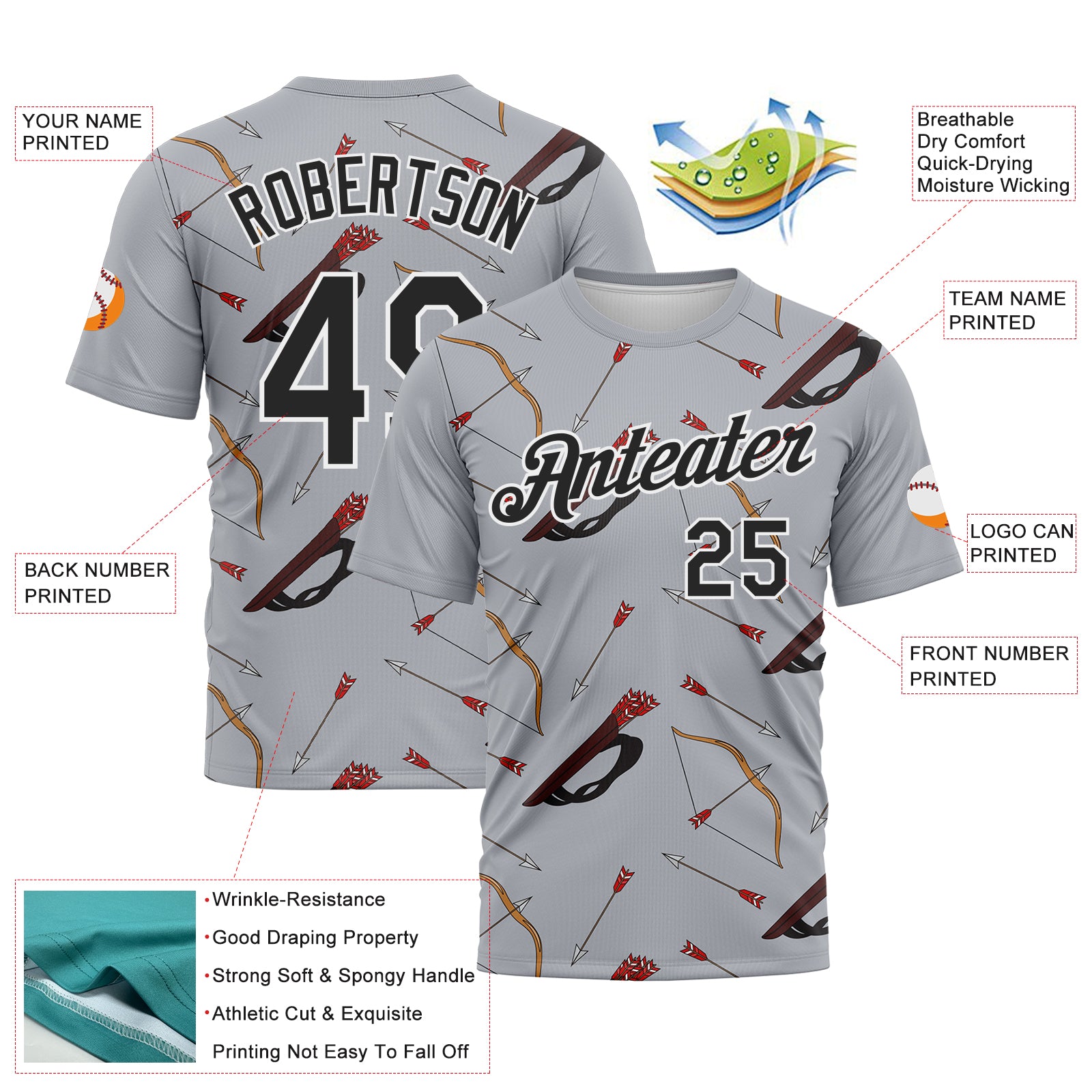 Custom Gray Black-White 3D Pattern Design Arrow Archery Bow Target Performance T-Shirt